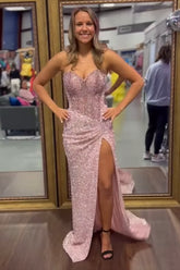 Long Sparkly Corset Prom Dress in Blush with Sequins and Slit