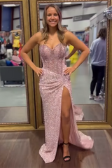 Long Sparkly Corset Prom Dress with Blush Sequins and Slit