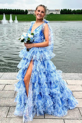 V-neck A-Line Long Prom Dress in Blue Floral Print with Ruffles and Slit