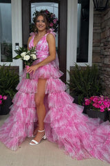 V-neck A-Line Long Prom Dress in Blue Floral Print with Ruffles and Slit