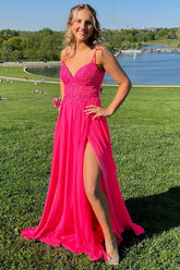 Long A-Line Chiffon Corset Prom Dress in Fuchsia with Spaghetti Straps and Appliques