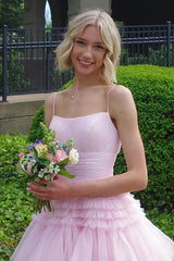Long A-Line Prom Dress with Pink Tulle and Spaghetti Straps in Tiered Layers