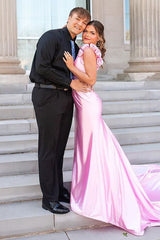 Long Satin Mermaid Prom Dress in Pink with Deep V-neck and Open Back