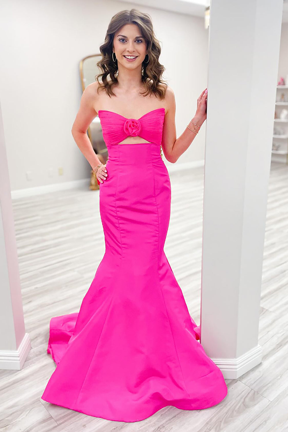 Long Prom Dress in Fuchsia Satin with Sweetheart Mermaid Cut-out Design