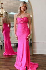 Long Satin Prom Dress in Fuchsia with Strapless Mermaid Cut-Out and Beading
