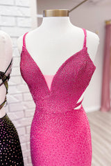 Long Black Prom Dress with Mermaid Beading Glitter Spaghetti Straps and Slit