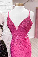 Long Black Prom Dress with Mermaid Beading Glitter Spaghetti Straps and Slit