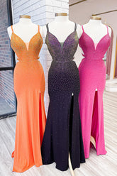 Long Black Prom Dress with Mermaid Beading Glitter Spaghetti Straps and Slit