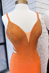 Long Black Prom Dress with Mermaid Beading Glitter Spaghetti Straps and Slit