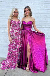 Long Pleated A-Line Prom Dress in Metallic Fuchsia with Sweetheart Neckline and Slit