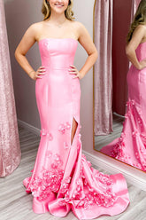 Long Satin Mermaid Prom Dress in Pink with 3D Flowers Strapless
