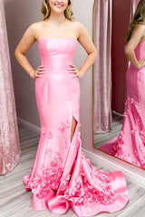 Long Satin Mermaid Prom Dress in Pink with 3D Flowers Strapless