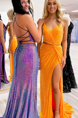 Long Mermaid Prom Dress with Sparkly Orange Spaghetti Straps and Sequins Featuring a Slit