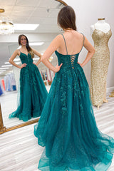 Long A-Line Prom Dress in Emerald Green with Spaghetti Straps and Tulle Appliques