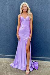 Long Satin Mermaid Prom Dress with Lilac Spaghetti Straps and Slit