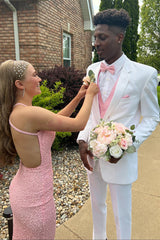 Long Pink Mermaid Prom Dress with Sequins Spaghetti Straps Open Back and Slit