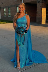 Long Blue Sparkly Mermaid Prom Dress with One Shoulder and Sequined Cape Featuring a Slit