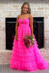 Stylish Red Sweetheart A-Line Long Prom Dress with Tiered Tulle