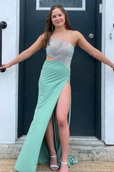 Long Beaded Sage Prom Dress with One Shoulder and High Slit in Mermaid Style