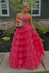 Long A-Line Corset Prom Dress in Pink with Tulle Tiered Skirt and Spaghetti Straps Featuring Appliques