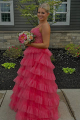 Long A-Line Corset Prom Dress in Pink with Tulle Tiered Skirt and Spaghetti Straps Featuring Appliques
