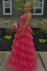 Long A-Line Corset Prom Dress in Pink with Tulle Tiered Skirt and Spaghetti Straps Featuring Appliques