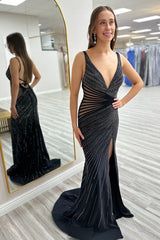 Black Glitter Mermaid Long Prom Dress with Beaded Spaghetti Straps and Slit