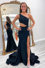 Long One-Shoulder Fuchsia Prom Dress with Mermaid Cut Beaded Details and Slit