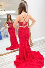 Long Mermaid Prom Dress with Red Glitter and Beaded Spaghetti Straps