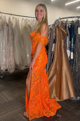 Long Orange Sparkly Mermaid Prom Dress with Feather and Off-the-Shoulder Sequins