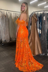 Long Orange Sparkly Mermaid Prom Dress with Feather and Off-the-Shoulder Sequins