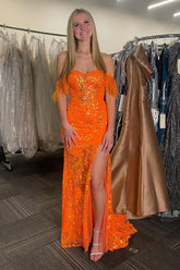 Long Orange Sparkly Mermaid Prom Dress with Feather and Off-the-Shoulder Sequins