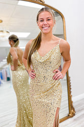 Long Mermaid Prom Dress with Sparkly Gold Sequin Spaghetti Straps and Open Back Slit