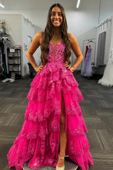 Fuchsia Sequins Sparkle on Long A-line Corset Prom Dress with Spaghetti Straps and Tiered Layers