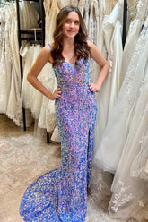 Long Corset Prom Dress with Sparkly Blue Mermaid Sequins and Spaghetti Straps