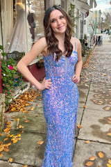 Long Corset Prom Dress with Sparkly Blue Mermaid Sequins and Spaghetti Straps