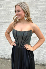 Elegant Black Strapless A-Line Pleated Long Corset Prom Dress Featuring Beading