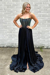 Elegant Black Strapless A-Line Pleated Long Corset Prom Dress Featuring Beading