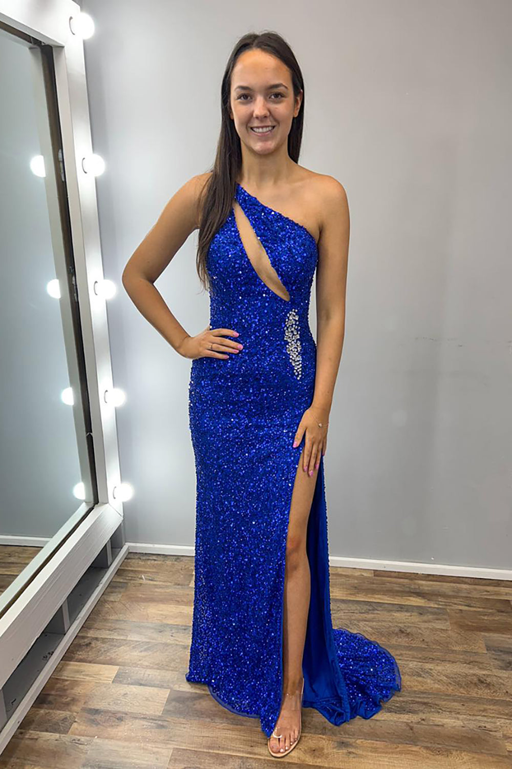 Royal Blue Sparkly Mermaid Gown with One Shoulder and Sequins