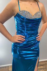 Long Turquoise Mermaid Prom Dress with Metallic Beading and Spaghetti Straps