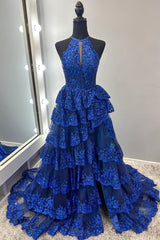 Long A-Line Royal Blue Sequined Prom Dress with Halter Neck Tiered Skirt and Slit