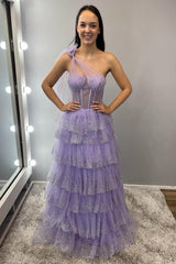 One Shoulder Lavender Corset Prom Dress with Tiered Tulle and A-Line Silhouette