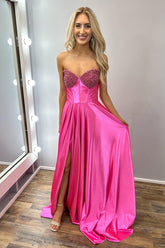 Long A-Line Corset Prom Dress in Fuchsia Satin with Sweetheart Neckline and Beading