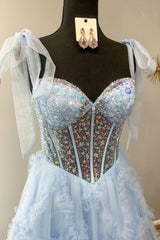Long Corset Prom Dress with Light Blue Tulle and Sequins Featuring Spaghetti Straps