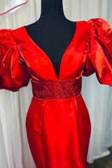 Long Red Prom Dress with V Neck Mermaid Cut Puff Sleeves and Slit