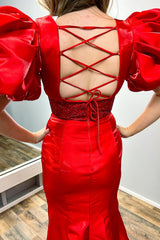 Long Red Prom Dress with V Neck Mermaid Cut Puff Sleeves and Slit