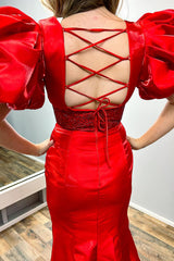 Long Red Prom Dress with V Neck Mermaid Cut Puff Sleeves and Slit