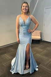 Long Grey Blue Satin Mermaid Prom Dress with Beaded Spaghetti Straps