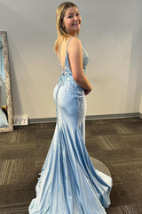 Long Grey Blue Satin Mermaid Prom Dress with Beaded Spaghetti Straps