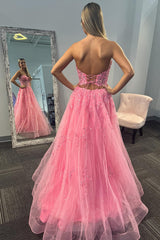 Long Corset Prom Dress with Pink Sweetheart Princess Applique